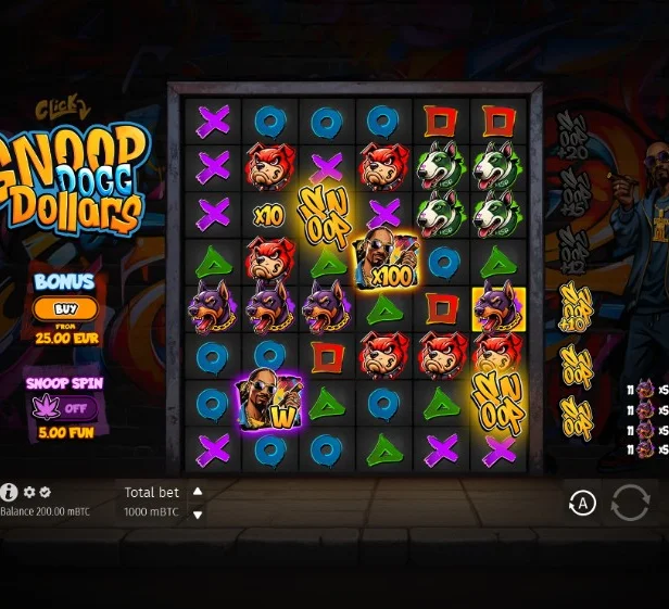 Snoop Dogg Dollars base-game session on the 6×8 cluster grid with graffiti background