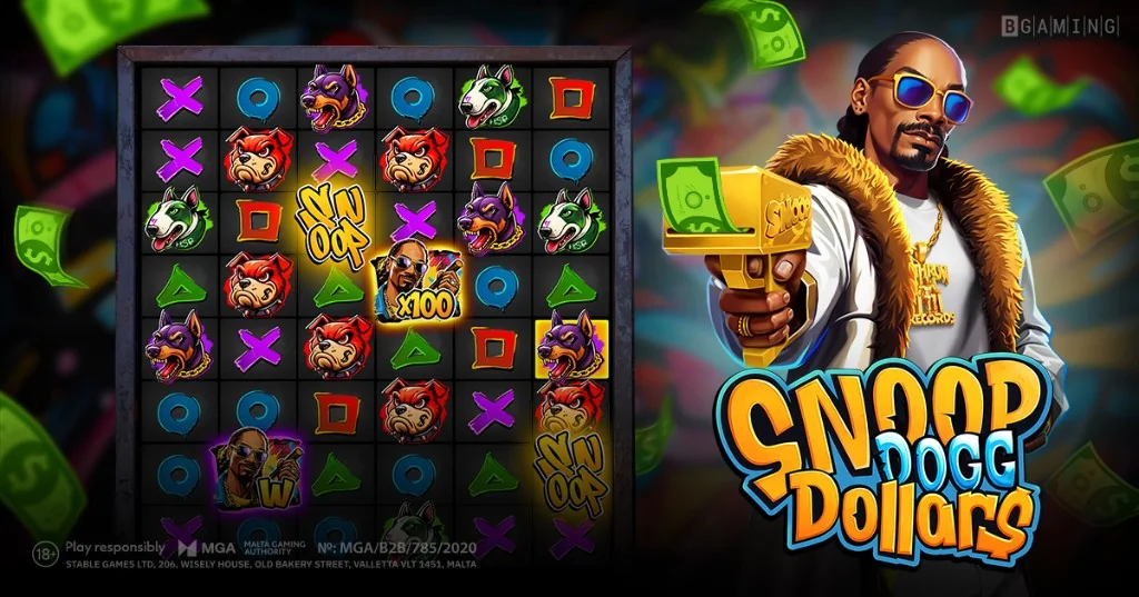 Snoop Dogg Dollars slot by BGaming - promotional banner with Snoop Dogg, game grid and graffiti-style art