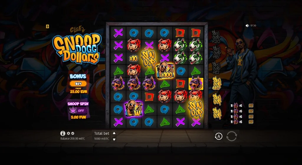 Snoop Dogg Dollars base game with wild multipliers and Buy Free Spins controls visible