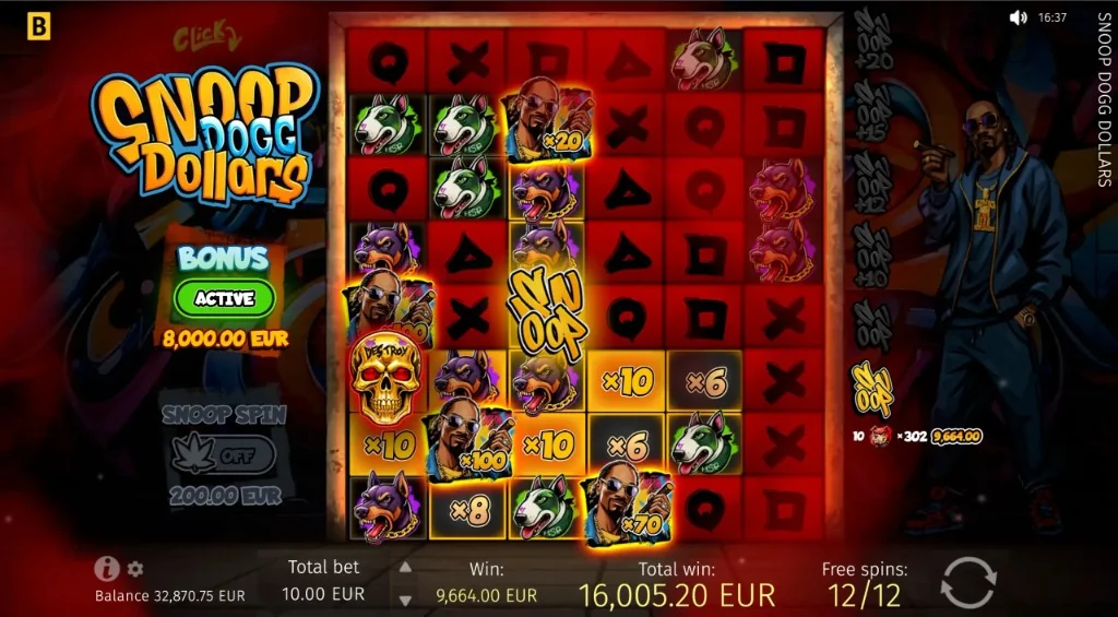 Snoop Dogg Dollars free spins bonus with stacked cell multipliers and a 16,005 EUR total win