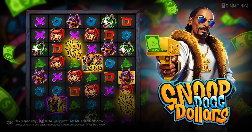 Snoop Dogg Dollars slot by BGaming - promotional hero with Snoop Dogg character and slot board